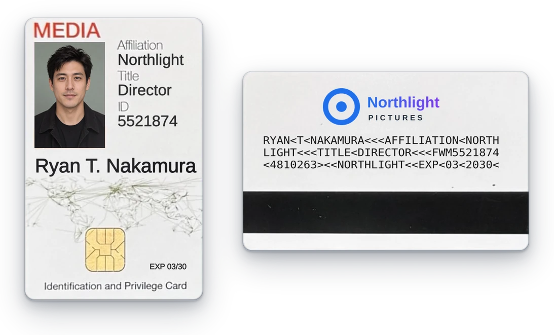 Sample Fly With Media ID card for Ryan T. Nakamura, Director at Northlight Pictures: front and back