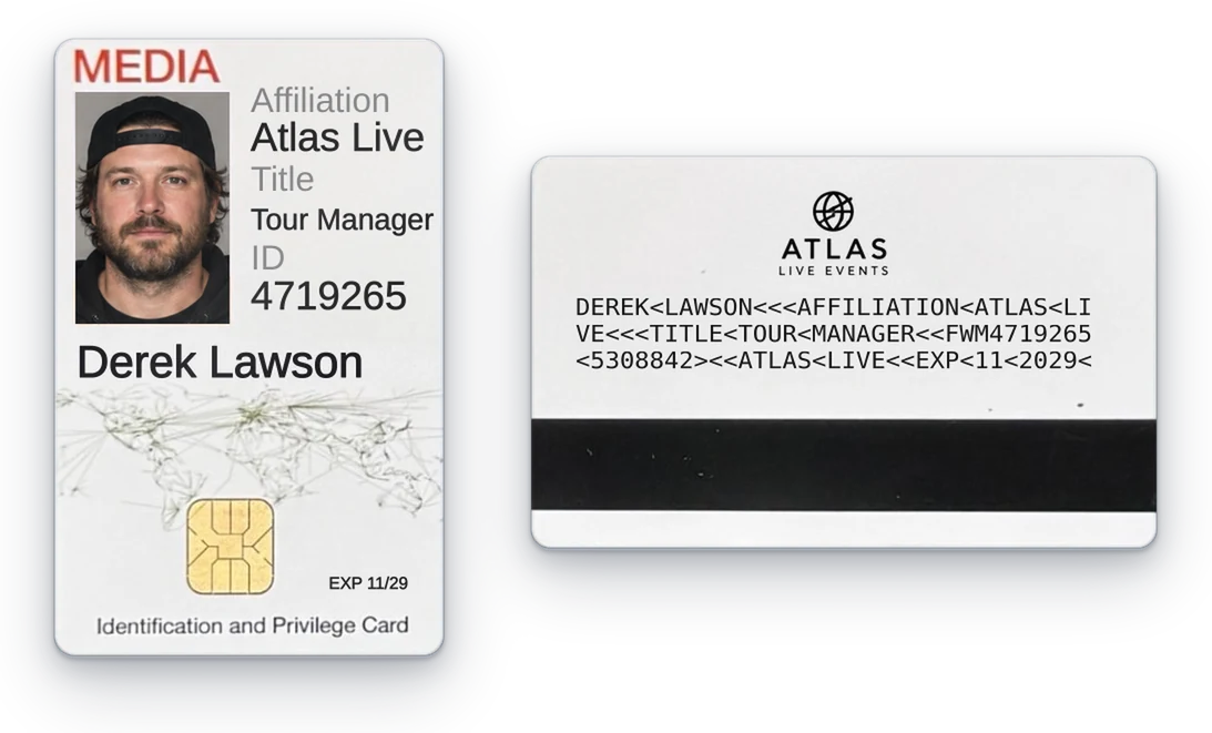 Sample Fly With Media ID card for Derek Lawson, Tour Manager at Atlas Live Events: front and back