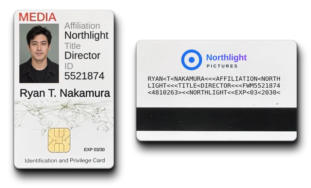 Sample Fly With Media ID card for Ryan T. Nakamura, Director at Northlight Pictures: front and back