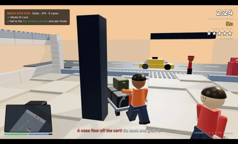 A traveler pushes a cart of cases through a toy-brick airport toward the full-service counter in Media Rate Run